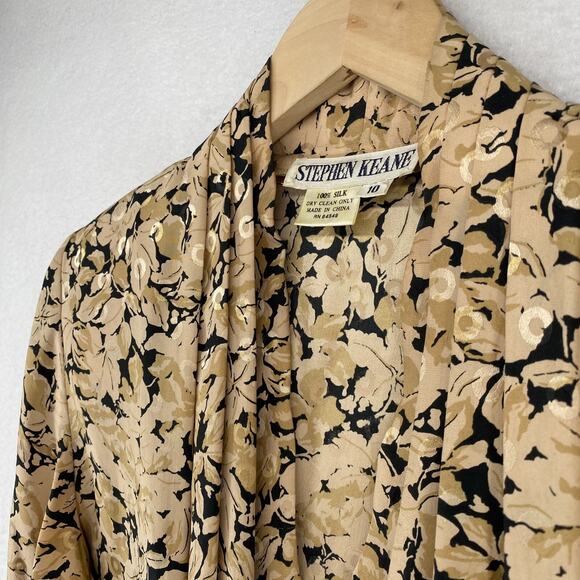 STEPHEN KEANE Blouse 10 Pleated Silk V-neck Floral Long Sleeve VTG Beige - Picture 5 of 11